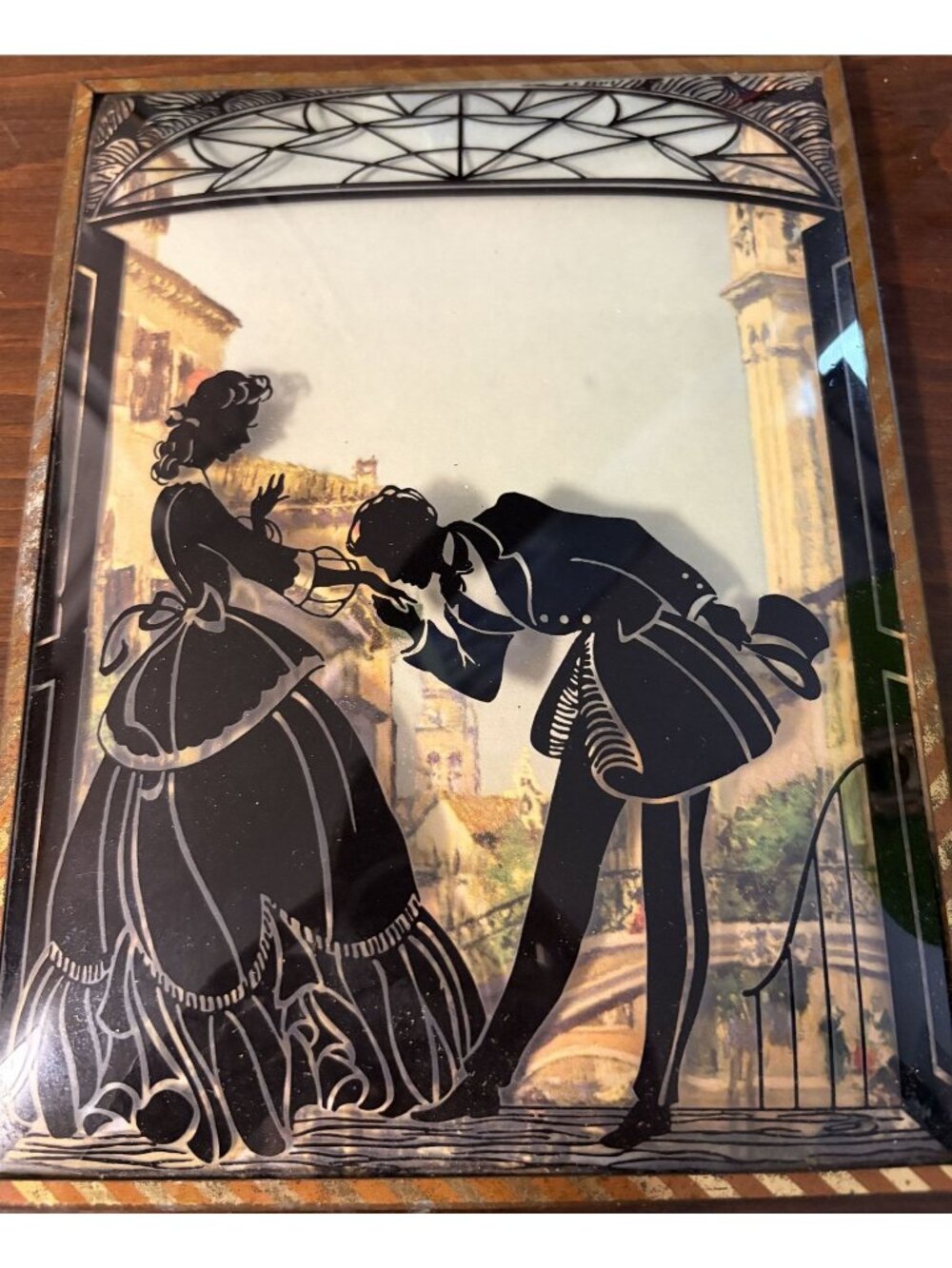 Victorian Silhouette Reverse Glass Art With Gold-Toned Frame 6.5" x 5" Romantic